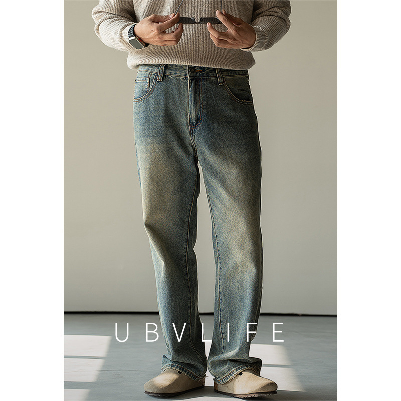 [Urban Light Travel] Cleanfit Style Cotton Blended Foggy Straight Pants for Men 2025 Loose Casual Denim Pants