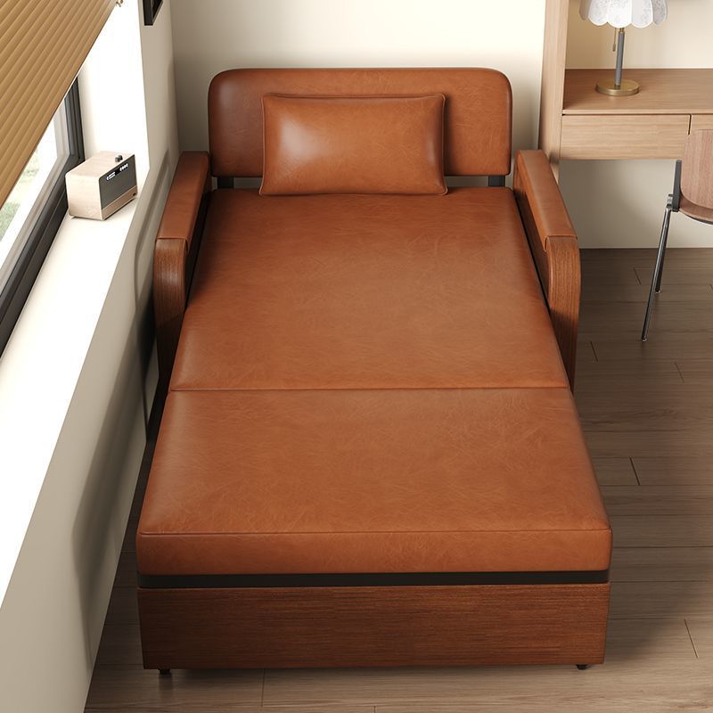 Retro Sofa Bed Chinese Style Folding Bed Multi-Functional All-In-One Dual-Purpose Double Living Room Waxed Leather Sofa Bed Lunch Break Bed