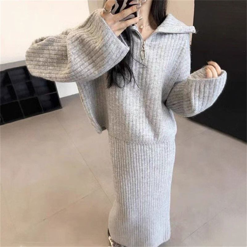 慵懒风半拉链翻领毛衣套装女秋冬季韩版宽松休闲针织半身裙两件套|undefined
