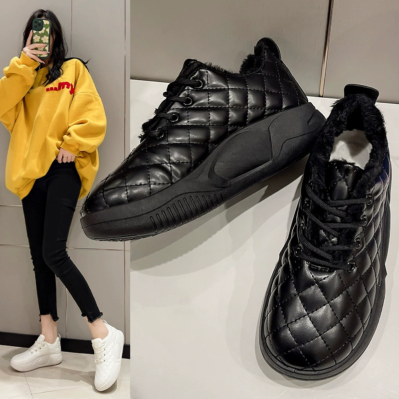 Хлопковая обувь женская 2023 осенне-зимняя повседневная обувь на флисовой подкладке на шнуровке, Женская корейская модная обувь на плоской подошве, Студенческая теплая обувь оптом