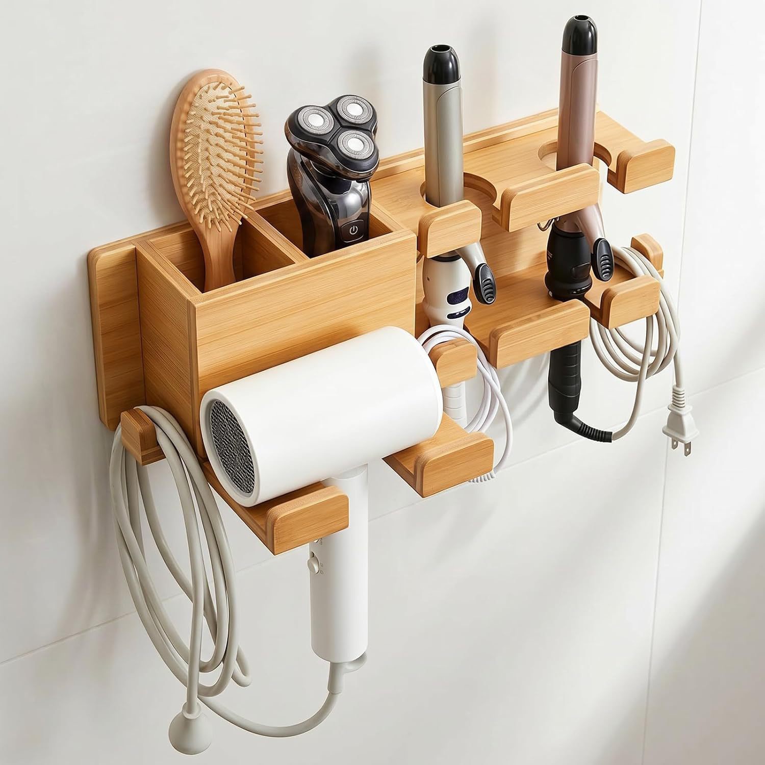 Bamboo hair dryer holder, no-drill bathroom storage rack, wall-mounted bathroom hair dryer organizer, multi-functional hanging rack