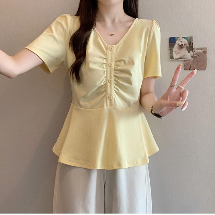 2025 夏ファット mm 大きいサイズの女性の韓国ファッション V ネックスプライシング蓮の葉レースシックな半袖 T シャツ|undefined