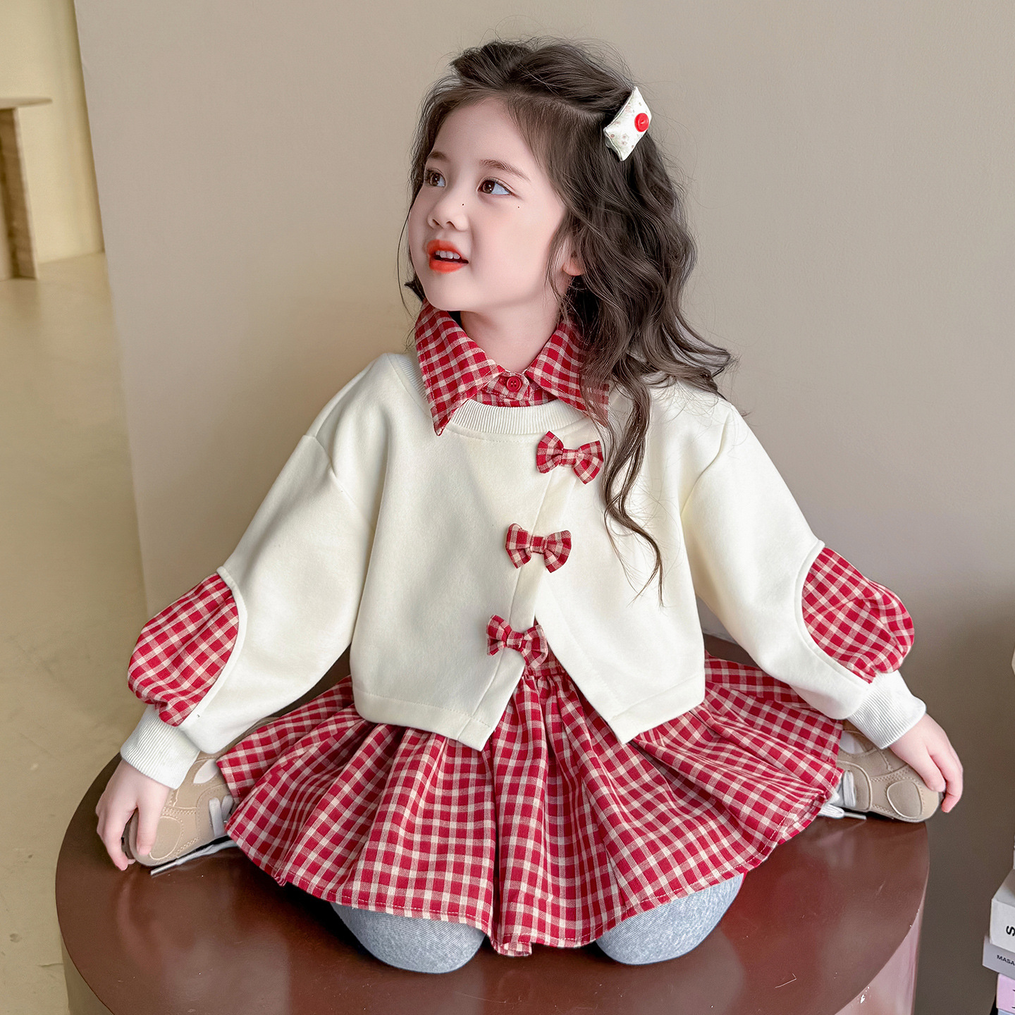 Girls' Red Plaid Fake Two-piece Suit, Spring And Autumn 2025 New Children's Korean Version Fashion Little Girl Foreign Style Suit_voghion.com