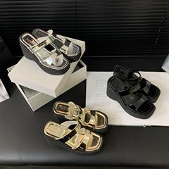 888-11~2024年夏季新款方頭露趾松糕厚底坡跟涼拖鞋女外穿高跟鞋