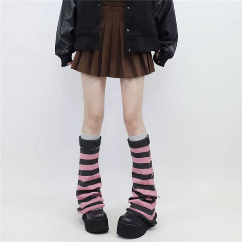 秋冬jk针织小腿灰粉条纹喇叭袜套y2k千禧辣妹堆堆袜毛线保暖腿套