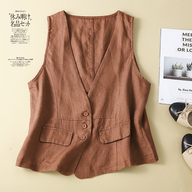 Tres estaciones artístico Lino chaleco verano cuello v cuello casual sin mangas de algodón y lino chaleco exterior fino abrigo image 9
