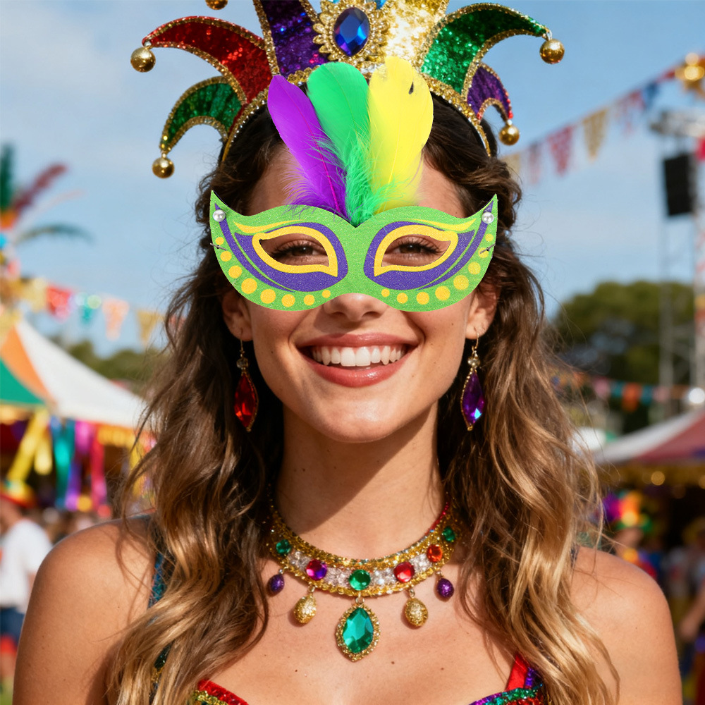 Amazon Carnaval máscara de polvo de oro decoración de fiesta de Nueva Orleans máscara de mitad de cara oro roxo verde plumas máscara de ojos