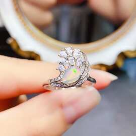 新款天然欧泊戒指S925银镶嵌主石5*7mm百搭网红爆款女饰批发