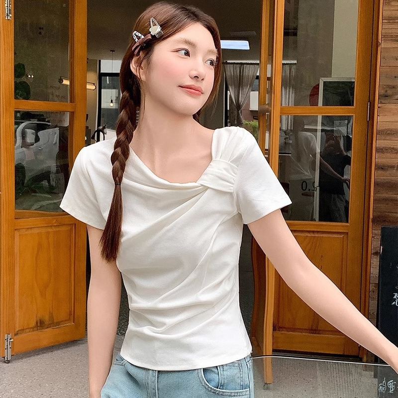 Korean-Style Design Lace-Up Short-Sleeve T-Shirt for Women, 2026 Spring/Summer New Sweet Style Girl Outfit, White Base Shirt