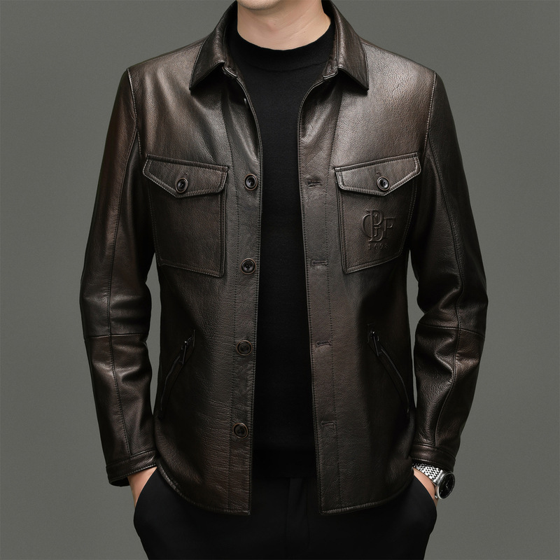 Haining genuine leather jacket for men, shirt style, oil-waxed cowhide, vintage motorcycle leather jacket, trendy, stylish, slim-fit coat