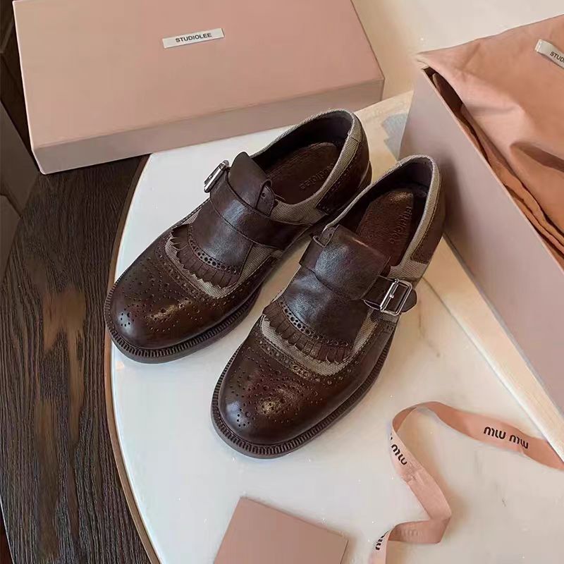 Grava madre tallada con los zapatos de cuero Bloc 2025, otoño nuevo retrógrado británico Oxford Monk zapatos para mujeres