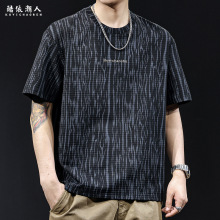 高端横纹提花短袖t恤男士宽松大码夏季2025新款衣服男装潮牌体恤