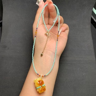 Natural Beeswax Russian Material Violent Bear Pendant Necklace Chicken Fat Yellow Waxy Rich with Turquoise Chain Women's Jewelry