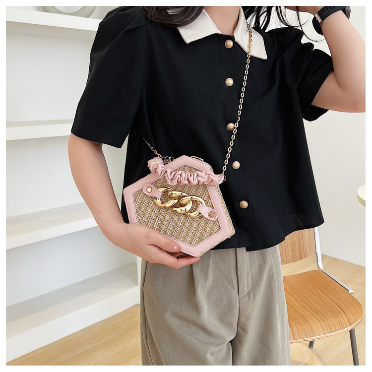 Straw Material Women's Small Straw Geometric Classic Style Lock Clasp Straw Bag