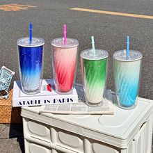 简约渐变吸管杯彩虹少女双层塑料杯学生创意办公家用大容量水杯