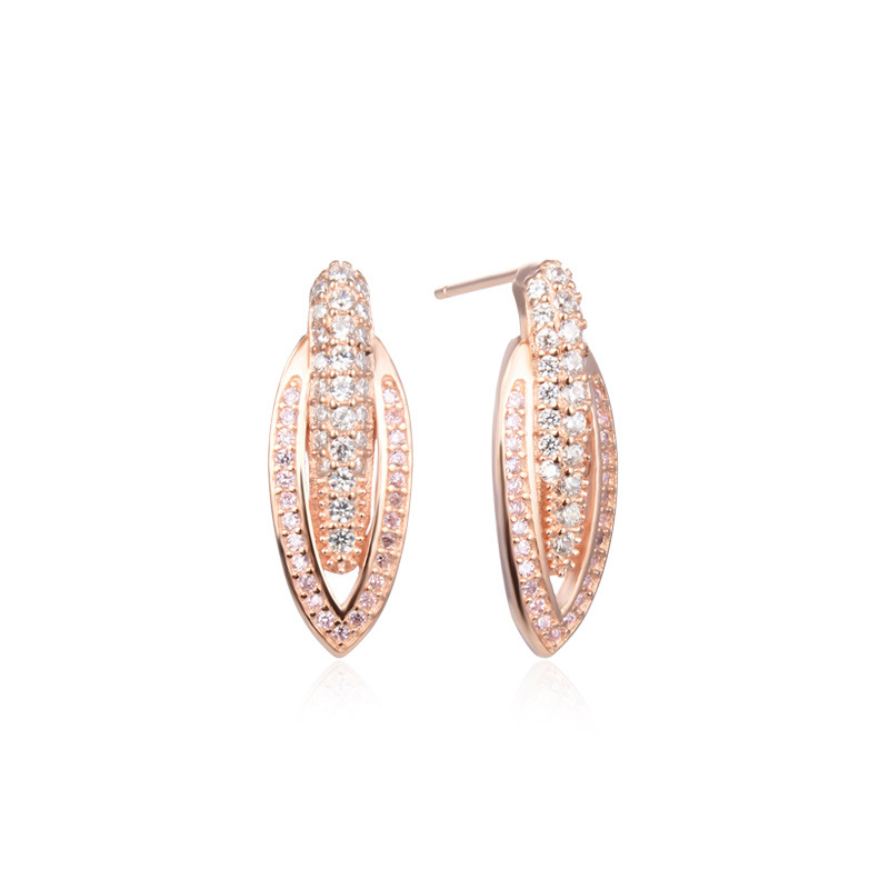 S925 plata esterlina llena de diamantes pendientes de las mujeres de moda simple elegante oval geométrico con incrustaciones de circón pendientes de oro rosa