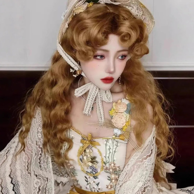 Autumn Wig Golden Brown French Fluffy Wool Curly Lolita Wig Gorgeous Retro Artificial Hair Full Headgear