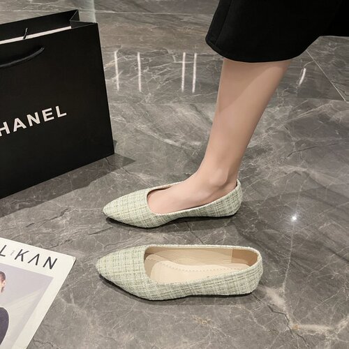 2025 Spring New Korean Style Pointed Toe Single Shoes Fashion Checkered Low-Top Flat Shoes Bead Women's Shoes Wholesale