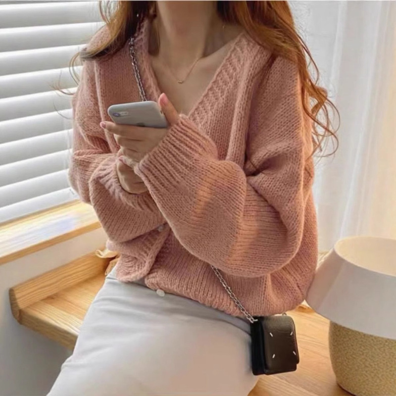 Soft Solid Color Petite Korean-Style Cardigan, Cozy Lazy Style Loose Knit Top, Thick Yarn Sweater for Women