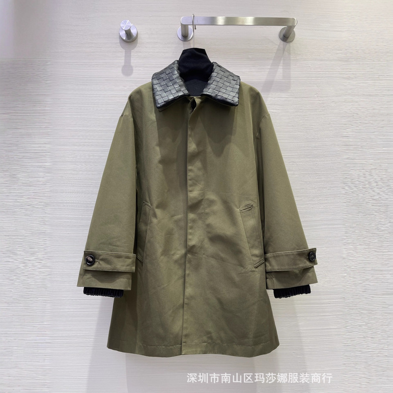高极感秋冬新款气质翻领领宽松百搭时髦编织真皮领拼色风衣中长款|undefined