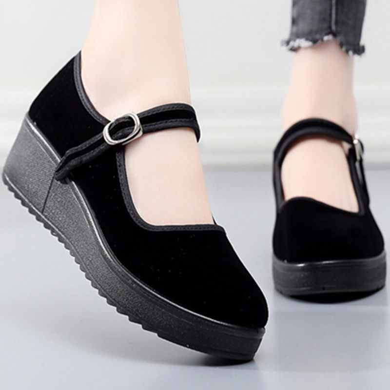 Old Beijing Cloth Shoes Women's Flats Black Flats Thick Sole Wedge Heel One-Word Buckle Work Shoes One-Piece Comfortable Dropshipping Old Beijing Cloth Shoes Women's Flats Black Flats Thick Sole Wedge Heel One-Word Buckle Work Shoes One-Piece Comfortable Dropshipping