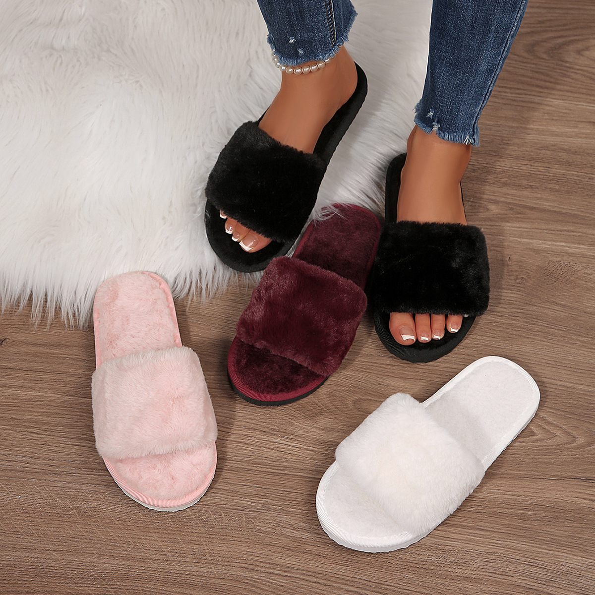 Pantuflas Peludas de Mujer de Peluche Sintético, Cálido y Cómodo, para Uso Diario