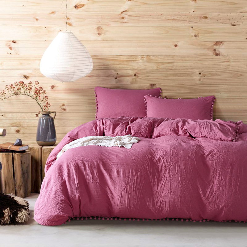 Bedding and home textile three piece set, solid color washed cotton hanging ball style duvet cover set_voghion.com