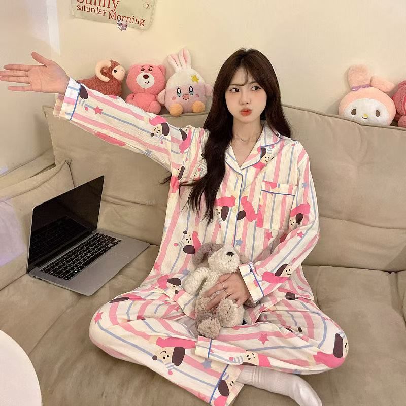 批发云朵棉睡衣女春夏翻领卡通条纹长袖长裤家居服套装可爱家居服