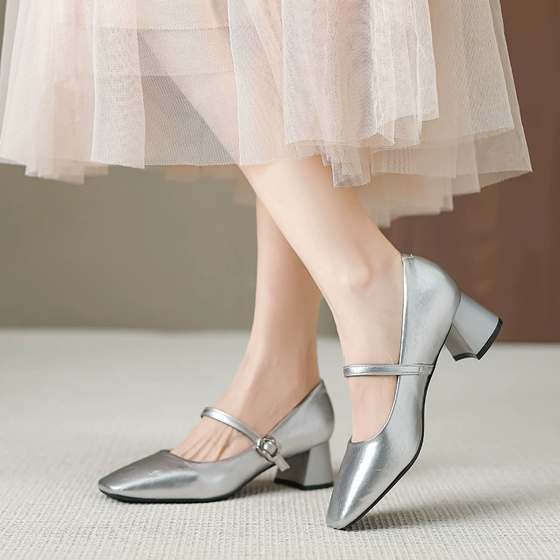 Французские туфли Мэри Джейн на среднем каблуке, туфли на высоком каблуке 5cm для женщин, черные женские туфли 2024 года с юбками, новый летний стиль