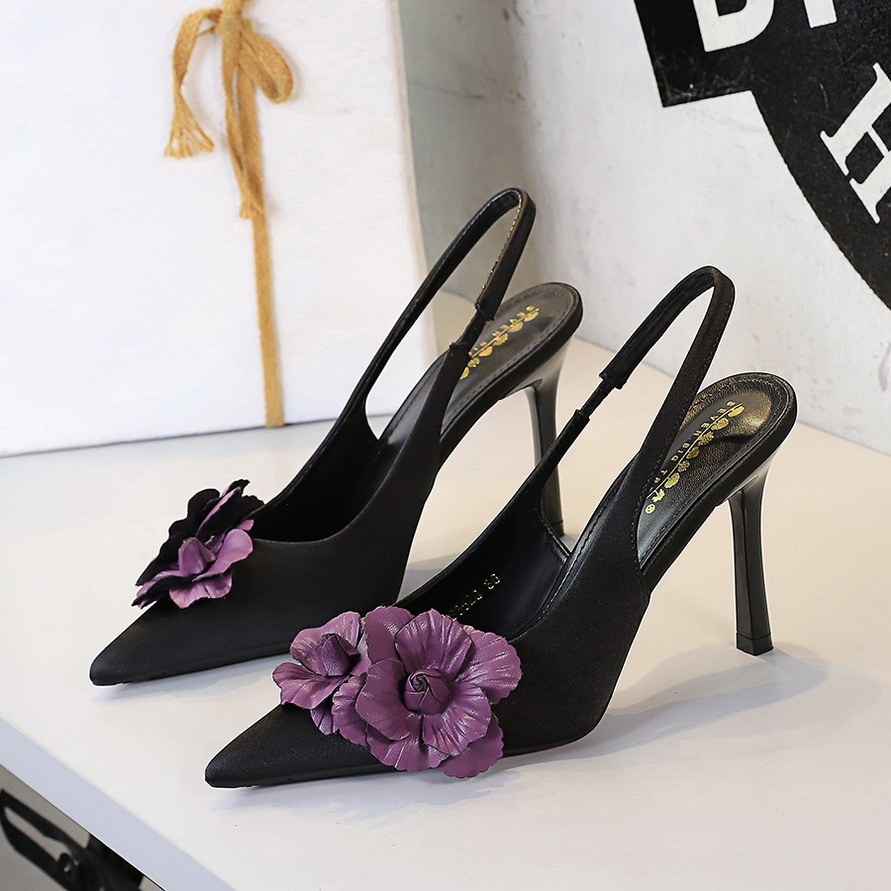 3526-H57 European and American Banquet Cut Out Back Strap Pointed Toe Stiletto High Heels Color Matching Flower Women's Shoes Shallow Mouth Flats
