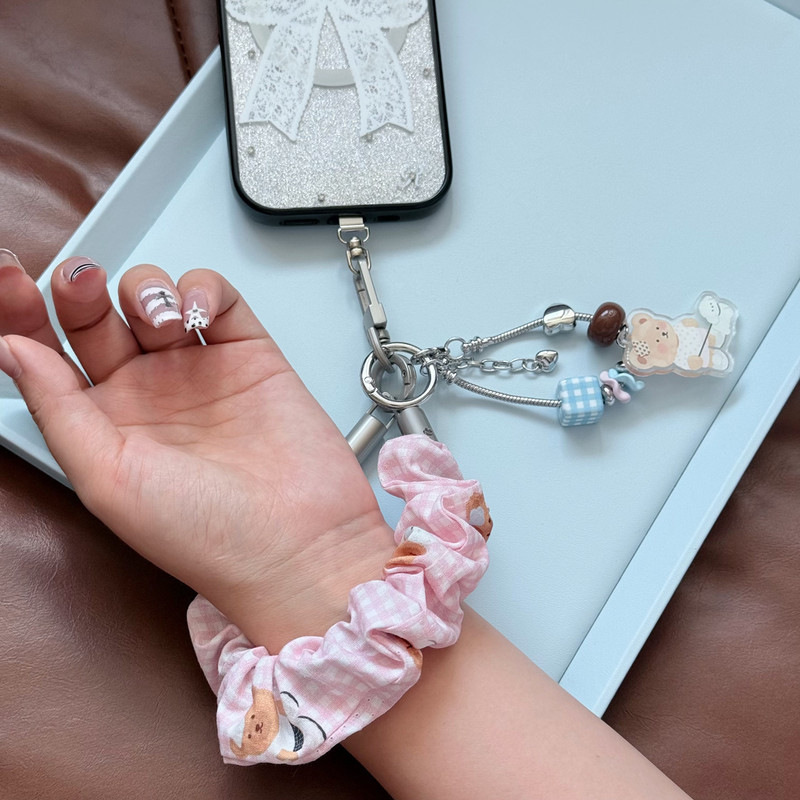 Chill hair clip, bear fabric pink plaid handmade phone chain, wrist pendant, lanyard, ring holder, double buckle, secure Chill hair clip, bear fabric pink plaid handmade phone chain, wrist pendant, lanyard, ring holder, double buckle, secure