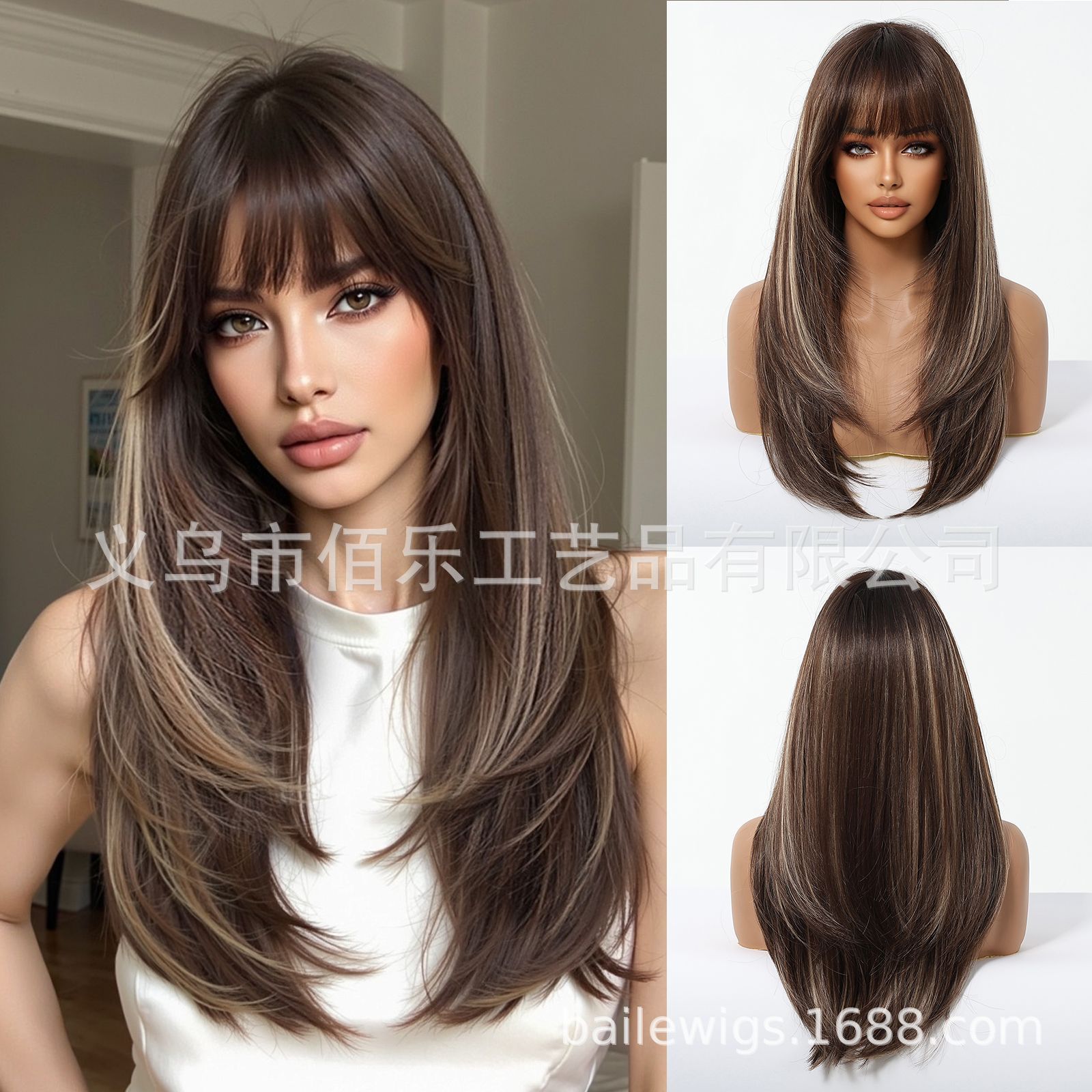 Nuevo negro Rosa flequillo larga recta gradiente de pelo fibra química SEDA NATURAL peluca femenina tocados pelucas fabricante en stock image 9