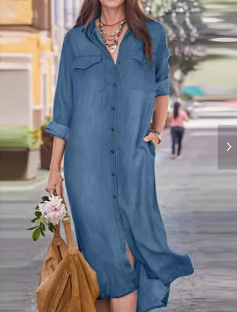 Qadın üçün yaxalı denim paltar, orta uzunluq, boş kəsim