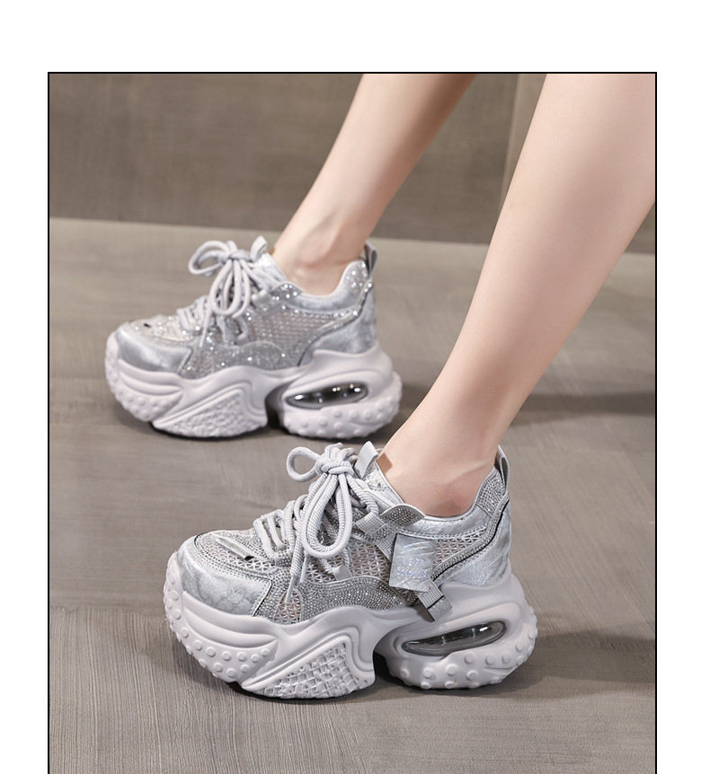Giày sneaker nữ đế dày tăng chiều cao, mặt lưới đính đá rhinestone — Màu sắc rực rỡ bạc chi tiết 11