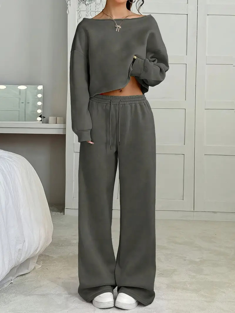 Lässiges, locker sitzendes Set aus langärmligem Kapuzenpullover und Hose für Damen – weicher Polyesterkomfort für Herbst und Winter (Rosa, Grau, Rot, Khaki, Schwarz, Beige)_voghion.com