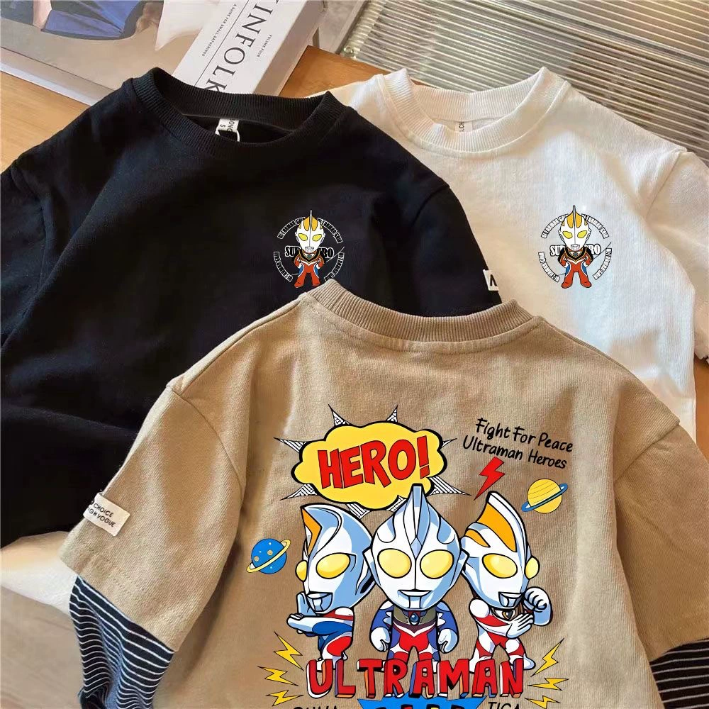 Ultra, autumn cotton T-shirt for boys, long-sleeve, children's set, base body-friendly Ultraman Tiga