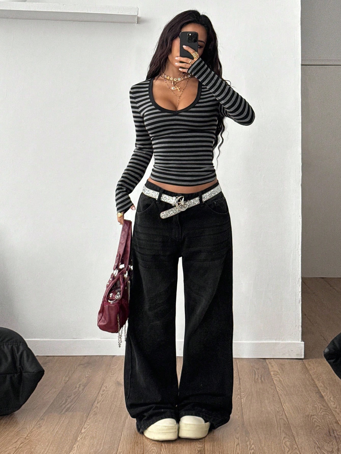 Women's Korean Style Color Block Striped Long Sleeve Round Neck Slim Fit Top For Autumn Winter Base Layer Niche Clothing_ecoleips.com