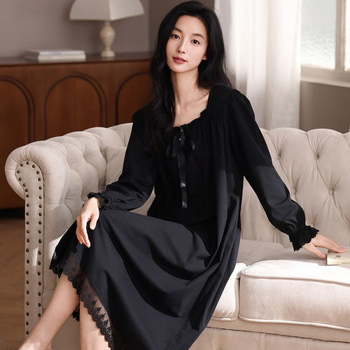 净版甜美公主风白色长袖睡裙女性感夏季黑色长款连衣裙少女家居服