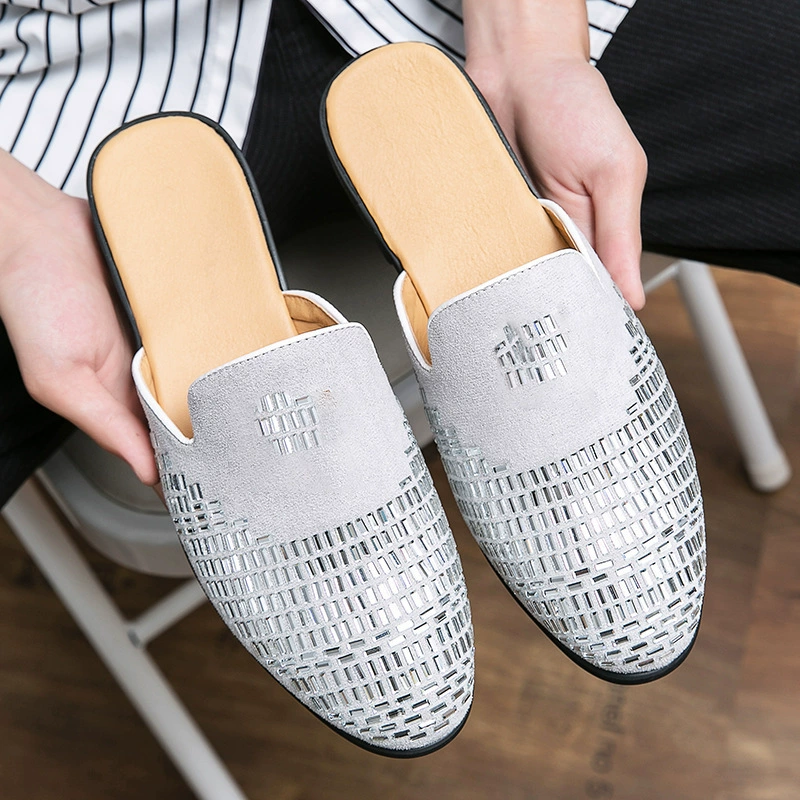 Летние новые мужские тапочки с яркими стразами на носке в корейском стиле, универсальные кожаные туфли без каблука с камнями для мужчин