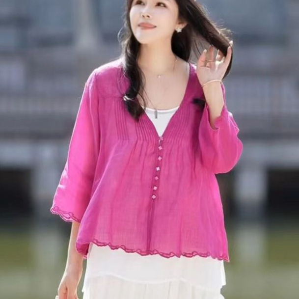2026 Summer New Style Square Collar Single-Breasted Loose Slimming Shirt Solid Color Artistic Pleated Splicing Ramie Shirt for Women 2026 Summer New Style Square Collar Single-Breasted Loose Slimming Shirt Solid Color Artistic Pleated Splicing Ramie Shirt for Women