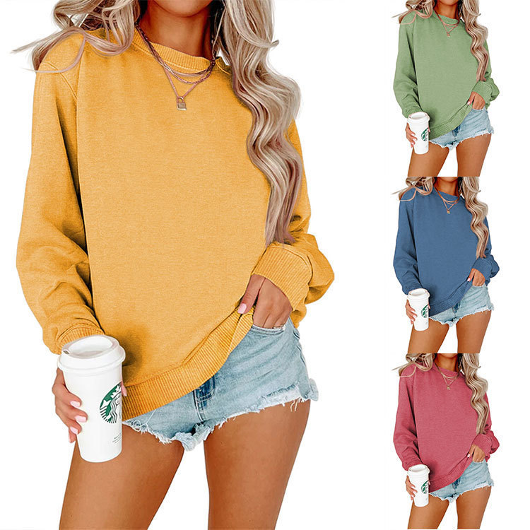 Amazon 2025 Spring and Autumn New Long-Sleeve Sweatshirt European and American Cross-Border Plus Size Solid Color Round Neck Casual T-Shirt Top for Women