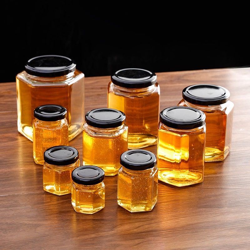 Glass Canister Honey pot Jam White sugar seal up Covered Storage tank household honey Six corners Jam bottle