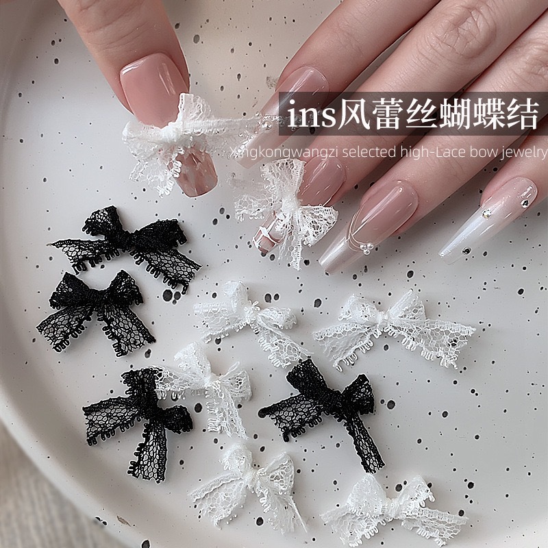 Lace Mesh Bow Finished Nail Art Accessories Pure Desire Ins Style Black and White Lace Ribbon Fabric Bow