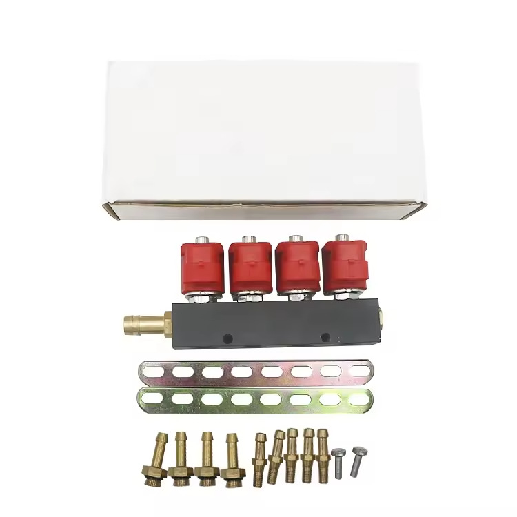 LPG/CNG four-cylinder injection unit with red coil and black rail, unmarked, oil-to-gas four-cylinder gas injection rail