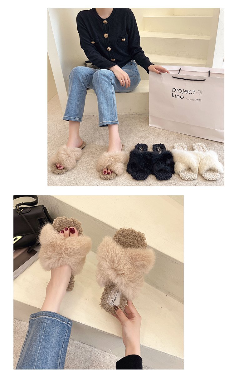 Square Head Cross Open Toe Plush Cotton Slippers NSDFX81623