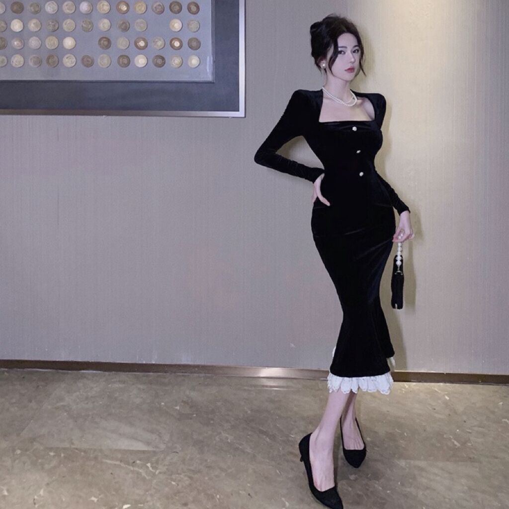 French Square Neck Gold Velvet Dress 2023 Autumn Retro Elegant Slim Fit Hip Dress Fishtail Little Black Dress