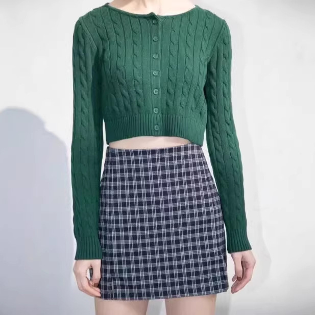 Bm New Christmas Green Cable Knit Short Cardigan Bm Autumn Spicy Girl Round Neck Versatile Long-Sleeve Top for Women Bm New Christmas Green Cable Knit Short Cardigan Bm Autumn Spicy Girl Round Neck Versatile Long-Sleeve Top for Women