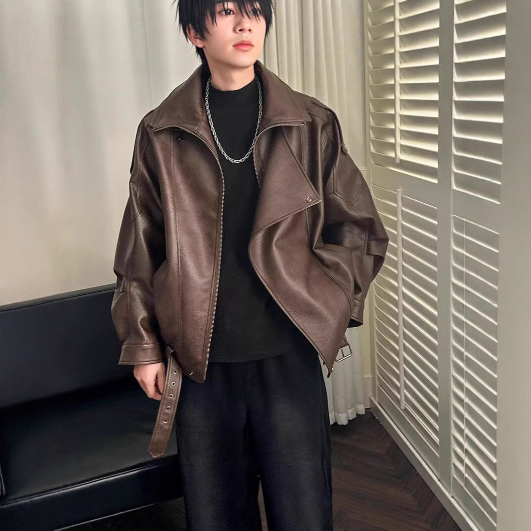 高级感短款皮衣外套男士秋季欧美风痞帅机车斜拉链飞行员PU皮夹克