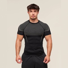 アマゾンの外国貿易の男性の半袖のGYM運動のフィットネスのランニングの訓練服の弾力性のファッションのプリントの丸首のtシャツ