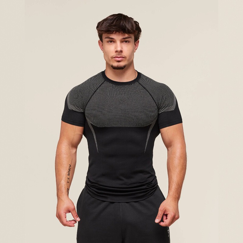 Amazon Export Men's Short-Sleeved Gym Sports Fitness Running Training Clothing Elastic Fashion Printed Round Neck T-Shirt